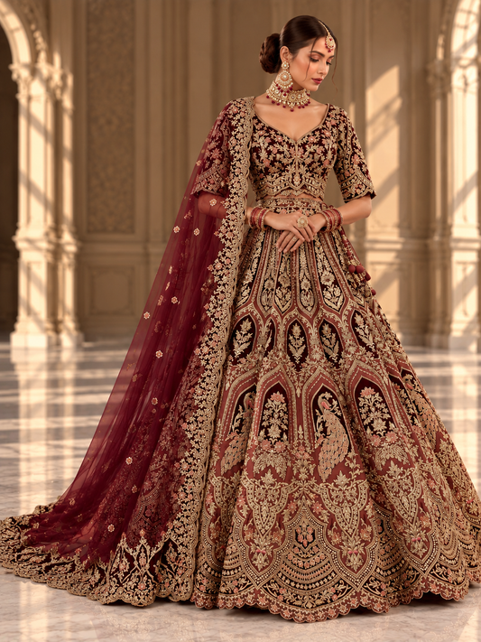 Maroon and gold peacock embroidered bridal lehenga