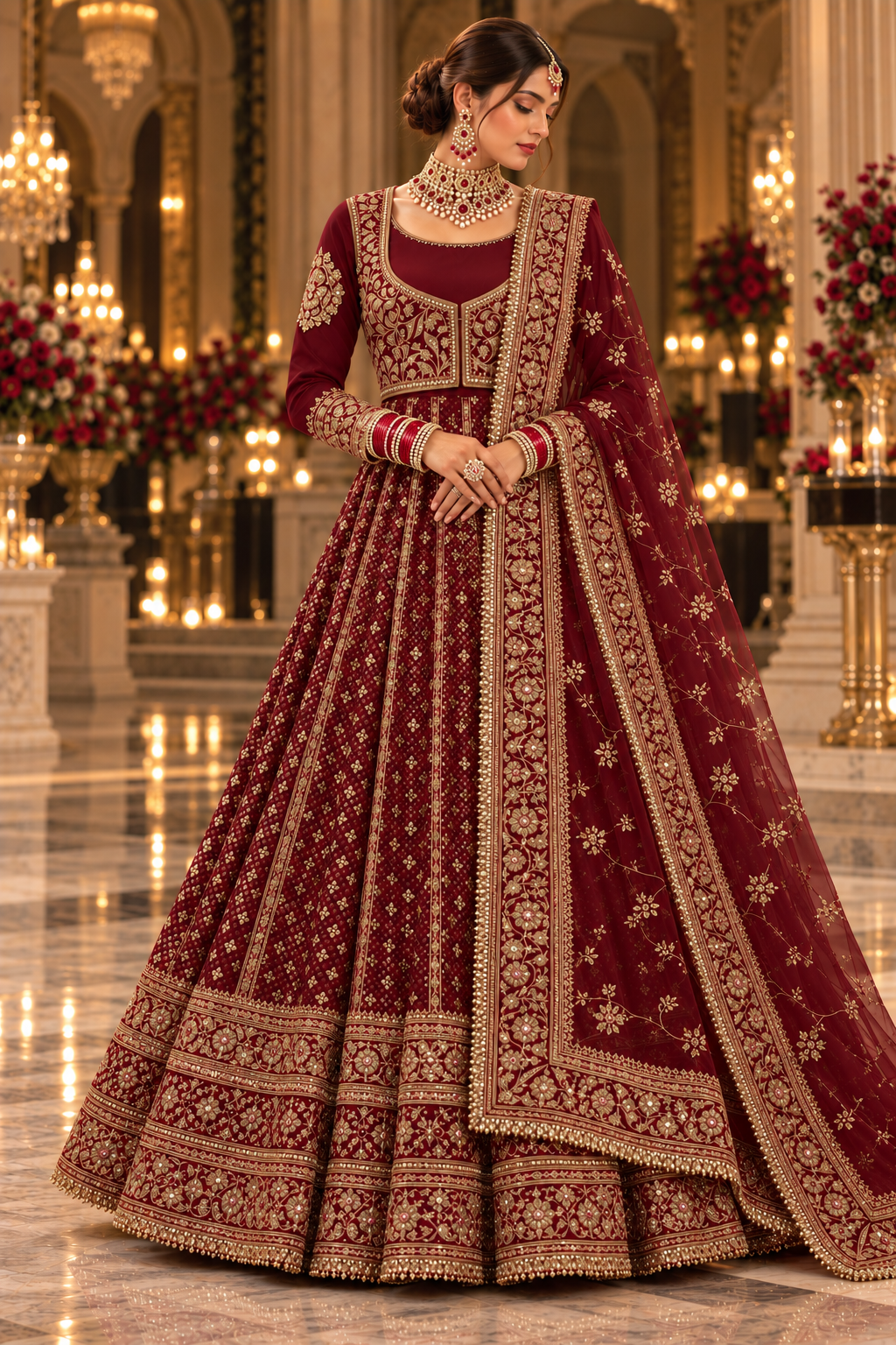 Maroon and gold embroidered bridal lehenga