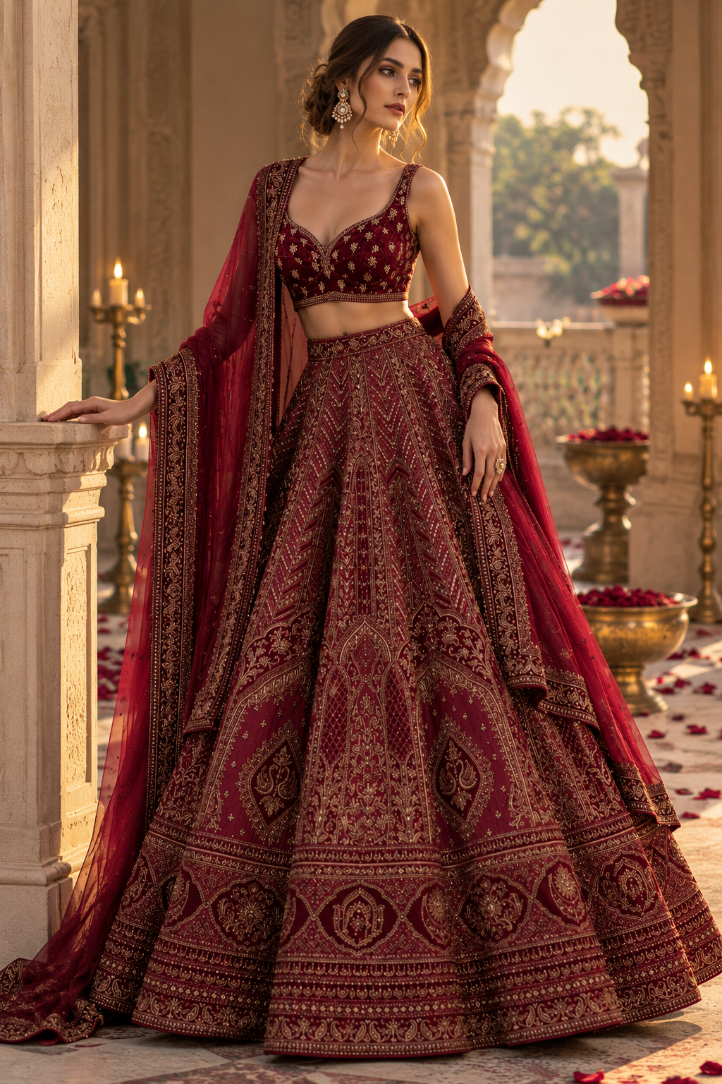Burgundy and gold embroidered bridal lehenga