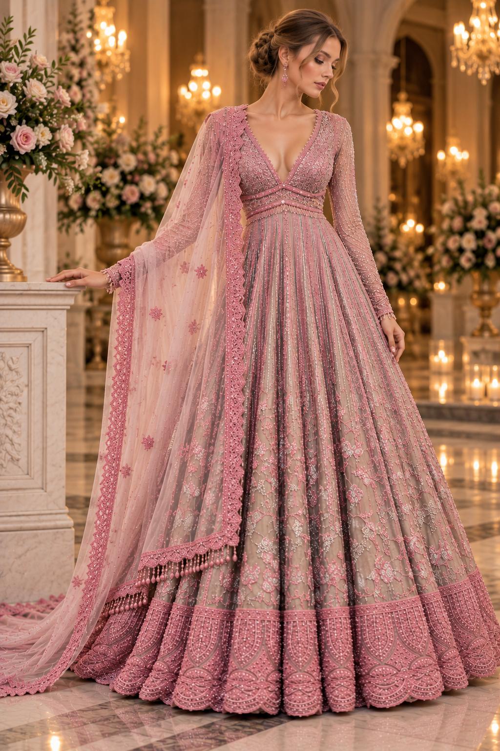 Blush pink and grey embroidered reception Anarkali