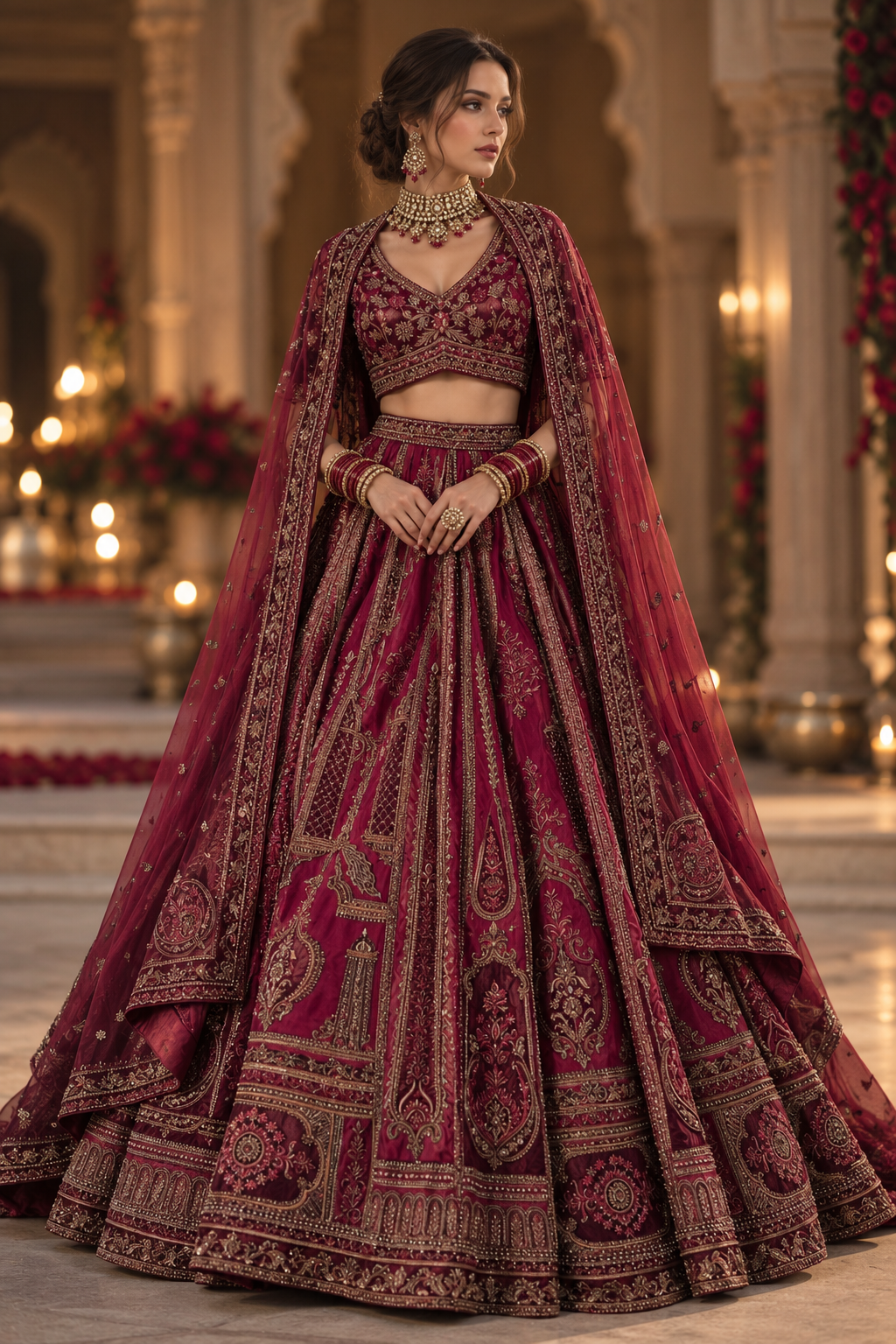 Wine maroon antique embroidery bridal lehenga