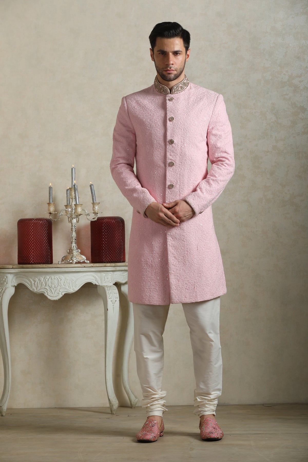 Pink threadwork groom sherwani by WellGroomed
