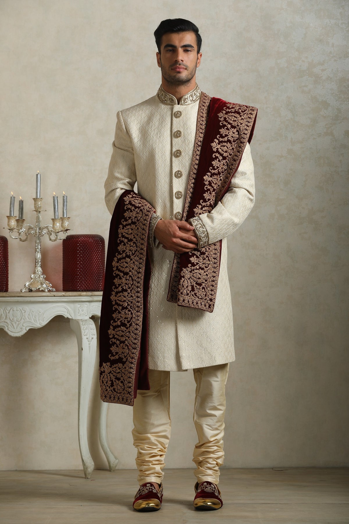 Cream honeycomb groom sherwani by WellGroomed