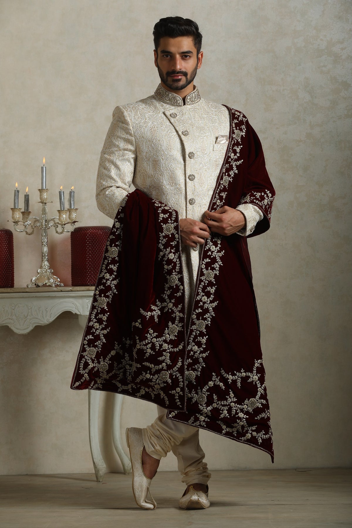 Off-white asymmetrical Angrakha groom sherwani by WellGroomed
