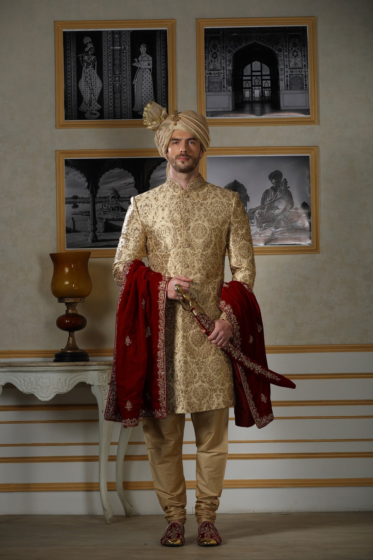 Gold Khinkhab brocade groom sherwani by WellGroomed