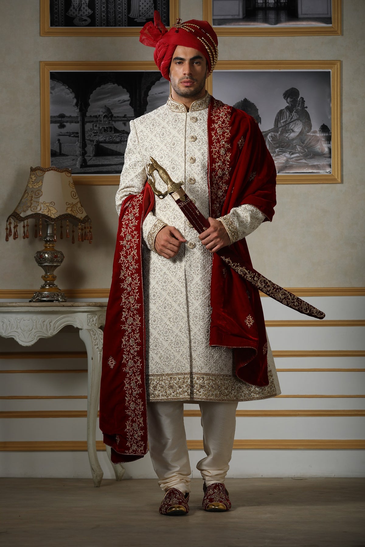 Cream groom sherwani with gold embroidered border by WellGroomed