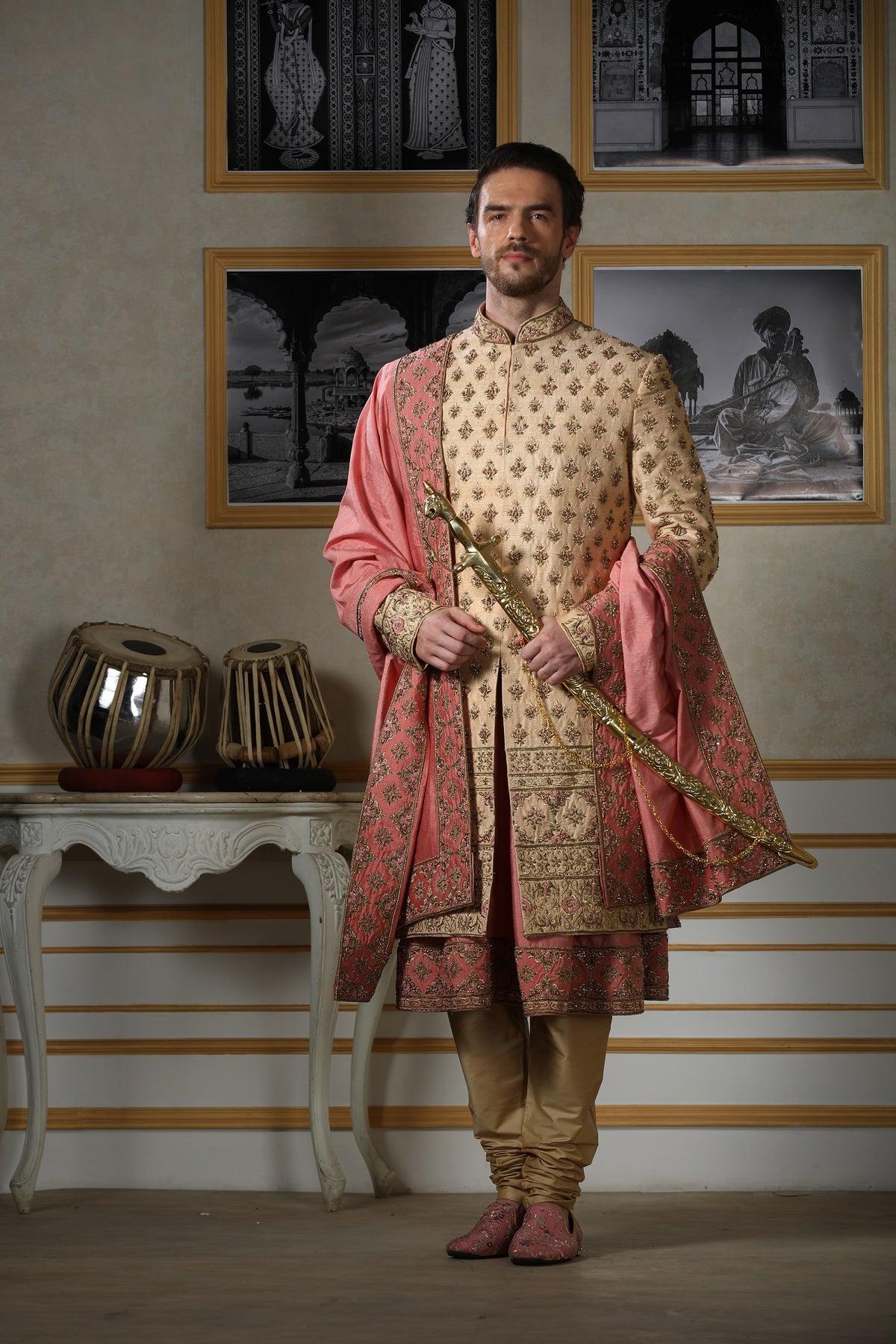 Cream groom sherwani with embroidered bootis by WellGroomed