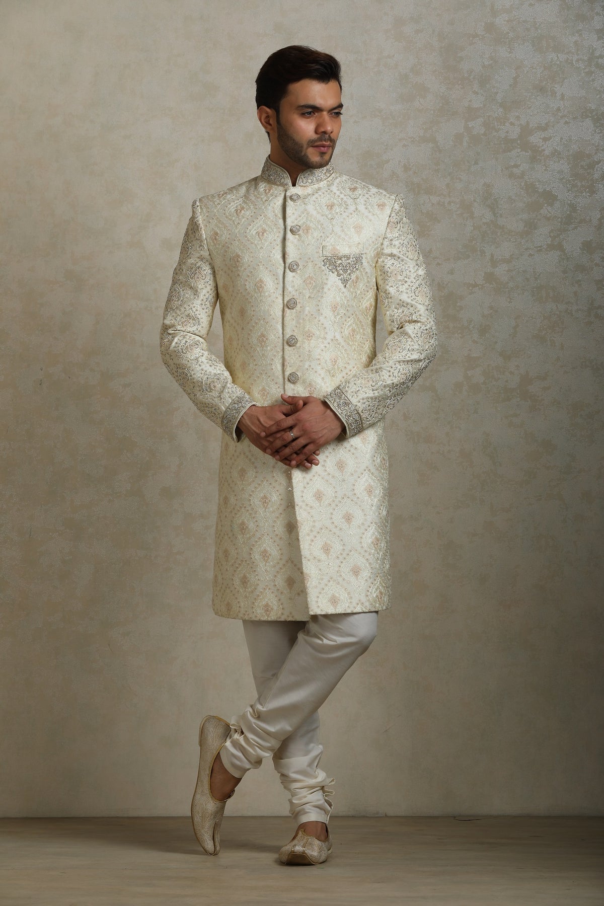 Cream brocade groom sherwani by WellGroomed