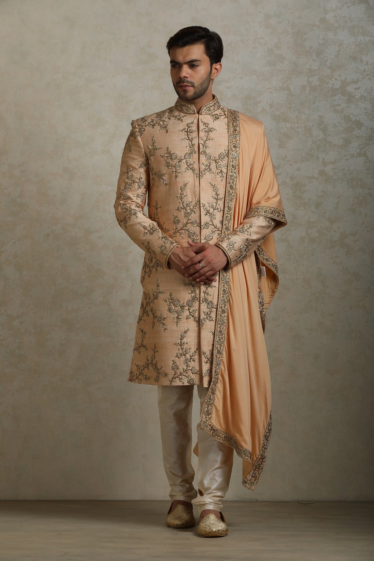 Peach floral embroidered raw silk groom sherwani by WellGroomed