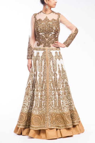 Off White Fully Embroidered Two tiered Lacha Gown